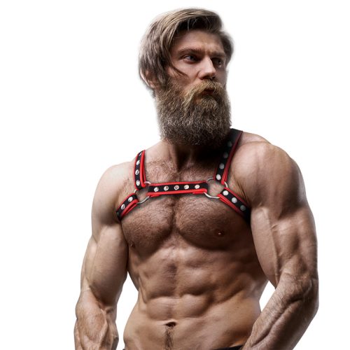 FETIS ALÁVETŐ HOZZÁÁLLÁS – FÉRFI ÖKO-BŐR MELLKAS, BULLDOG HÁM, FEKETE/PIROS