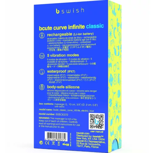 B SWISH - BCUTE CURVE VÉGTELEN KLASSZIKUS FELTÖLTHETŐ VIBRÁTOR KÉK SZILIKON