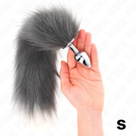   KINK - ANÁLIS DUGÓ S MÉRET 7 X 3 CM, SZINTETIKUS FAROKKAL 40 CM SZÜRKE ÉS FEHÉR