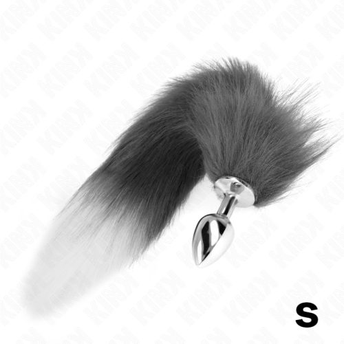 KINK - ANÁLIS DUGÓ S MÉRET 7 X 3 CM, SZINTETIKUS FAROKKAL 40 CM SZÜRKE ÉS FEHÉR