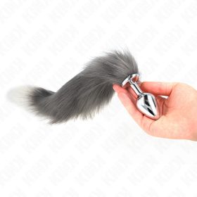   KINK - ANÁLIS DUGÓ MÉRET M 8 X 3,5 CM, SZINTETIKUS FAROKKAL 40 CM SZÜRKE ÉS FEHÉR