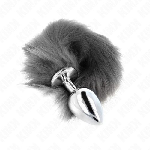 KINK - ANÁLIS DUGÓ L MÉRET 10 X 4 CM, 40 CM SZINTETIKUS FAROKKAL SZÜRKE ÉS FEHÉR