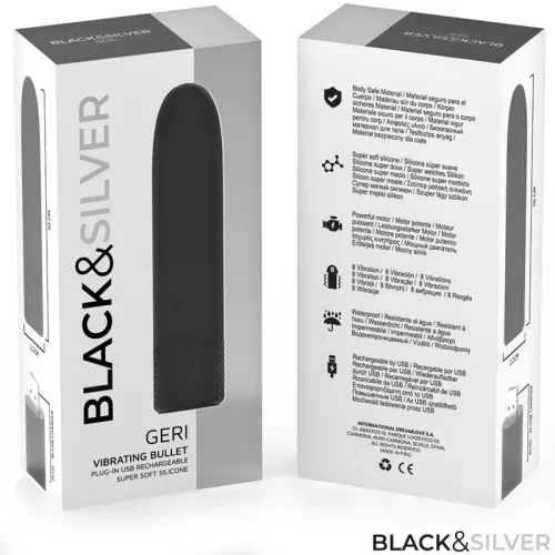 FEKETE ÉS EZÜST - GERI USB TÖLTHETŐ REZGŐ GOLYÓ 8 REZGÉS FEKETE 10 X 2,2 CM
