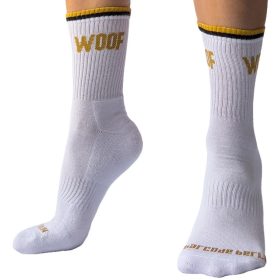 Woof Barcode – stylish white socks in a premium design